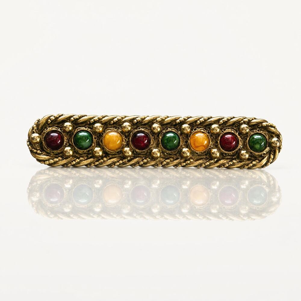 Vintage Ornate Gold Tone Bar Brooch | Multi-Color Faux Gemstone Rope Twist Pin
